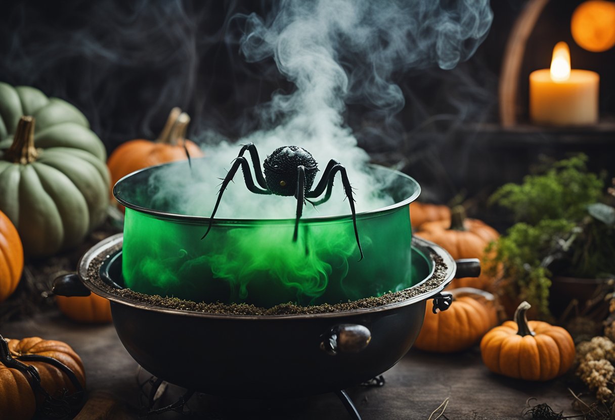 A cauldron bubbling with green smoke, surrounded by DIY Halloween props like fake spiders, cobwebs, and a carved pumpkin