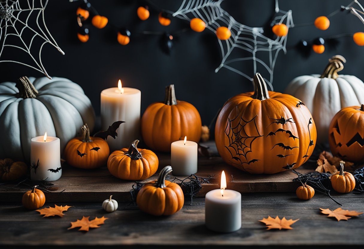 A table covered in DIY Halloween props, including painted pumpkins, fake spider webs, and spooky candles