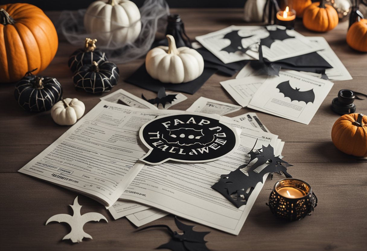 A table covered in DIY Halloween props, with a stack of FAQ sheets nearby